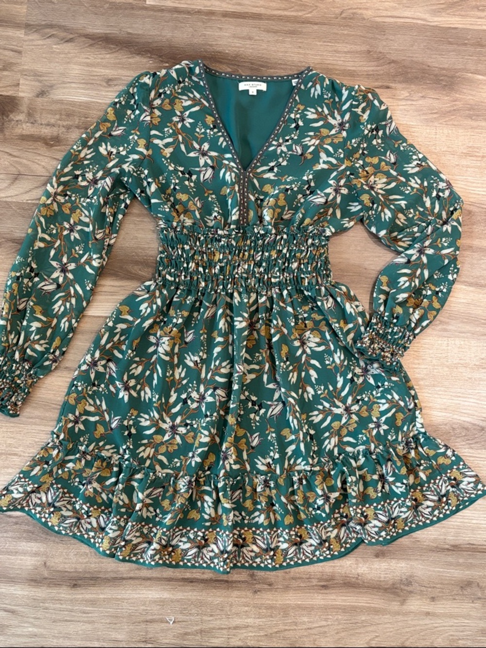 Women's Green Floral Smocked Waist Dress